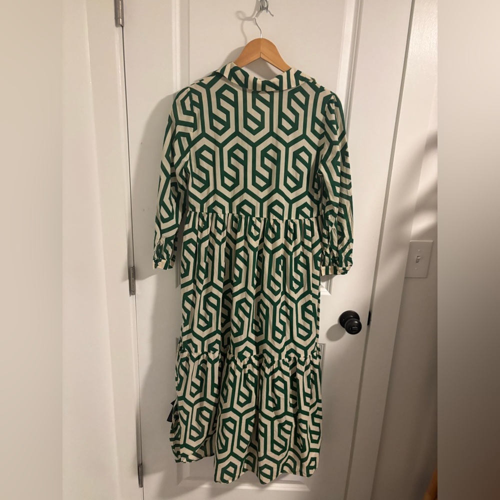 ZARA Green Geometric Print Midi Dress Bloggers Favorite Cotton Tiered Size Small - Picture 14 of 14